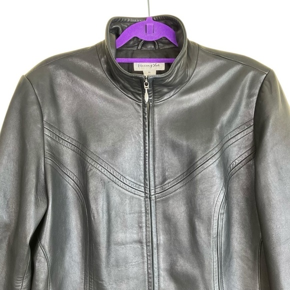 Preston & York Vintage Y2K Black Leather Zip-up Jacket Boxy Fit Mock Neck Sz XL - Picture 2 of 16